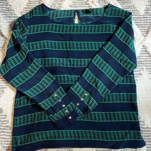 Club Monaco XS long sleeve blouse. navy blue with green stripes